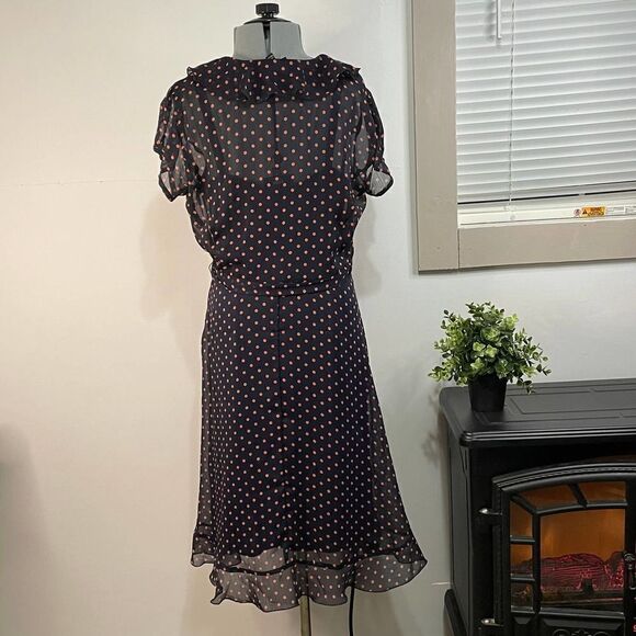 MSK Petites Navy Blue and Pink Polka Dot Ruffled Fit and Flare Dress size 10P - Picture 2 of 4